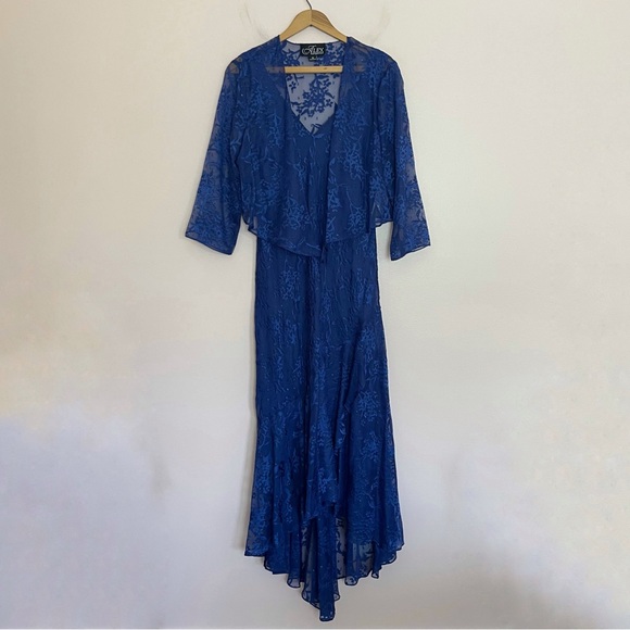 NWT New Alex Evenings Royal Blue Tea-Length Jacket Dress with Tulip Hem Skirt 10 - Picture 4 of 7